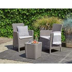Set mobilier pentru terasa sau foisor, imitatie ratan, Keter Trenton, masa, 2 fotolii, culoare cappuccino, rezistent UV, dimensiune masa 39x39x42 cm, perne gri