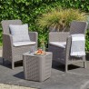 Set mobilier pentru terasa sau foisor, imitatie ratan, Keter Trenton, masa, 2 fotolii, culoare cappuccino, rezistent UV, dimensiune masa 39x39x42 cm, perne gri