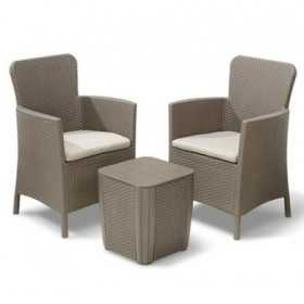 Set mobilier pentru terasa sau foisor, imitatie ratan, Keter Trenton, masa, 2 fotolii, culoare cappuccino, rezistent UV, dimensiune masa 39x39x42 cm, perne gri