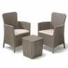 Set mobilier pentru terasa sau foisor, imitatie ratan, Keter Trenton, masa, 2 fotolii, culoare cappuccino, rezistent UV, dimensiune masa 39x39x42 cm, perne gri