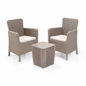 Set mobilier pentru terasa sau foisor, imitatie ratan, Keter Trenton, masa, 2 fotolii, culoare cappuccino, rezistent UV, dimensiune masa 39x39x42 cm, perne gri