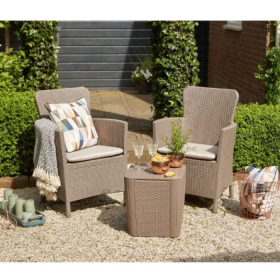 Set mobilier pentru balcon, material polipropilena, Keter Iowa, pentru gradina, masuta inclusa, 2 fotolii, culoare cappuccino, rezistent UV si intemperii