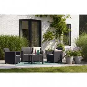 Set mobilier de gradina, polipropilena, Keter Claire, pentru terasa, cu masa, doua fotolii si o canapea, design ratan, culoare graphite, rezistent la UV si intemperii