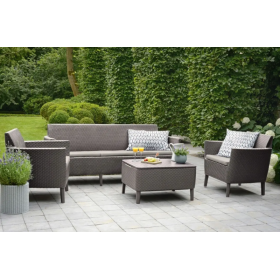 Set mobilier de gradina cappuccino-sand, polipropilena, Keter Salemo, pentru terasa, masa, doua fotolii, canapea, rezistent UV, usor de asamblat