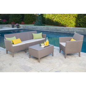 Set mobilier de gradina cappuccino-sand, polipropilena, Keter Salemo, pentru terasa, masa, doua fotolii, canapea, rezistent UV, usor de asamblat