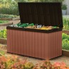 Lada pentru depozitare exterior, pentru accesorii gradina si terasa, capac rezistent, material polipropilena, culoare maro, Keter Darwin, rezistenta UV si intemperii, textura lemn, 570 L