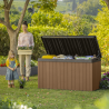 Lada pentru depozitare exterior, pentru accesorii gradina si terasa, capac rezistent, material polipropilena, culoare maro, Keter Darwin, rezistenta UV si intemperii, textura lemn, 570 L