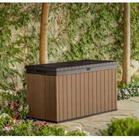 Lada pentru depozitare exterior, pentru accesorii gradina si terasa, capac rezistent, material polipropilena, culoare maro, Keter Darwin, rezistenta UV si intemperii, textura lemn, 570 L