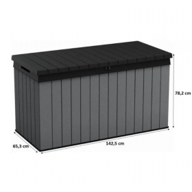 Cutie cu spatiu de depozitare pentru exterior, pentru accesorii gradina si terasa, cu capac, material polipropilena, culoare gri, Keter Darwin, rezistenta UV, dimensiuni 142.5x65.3x78.2 cm
