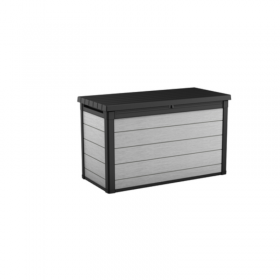 Cufar de depozitare de terasa, pentru unelte, cu capac, material plastic, culoare Brownish Grey, Keter, Denali DuoTech, dimensiune 151,7x72,5x90 cm, rezistenta UV, capacitate 757 L