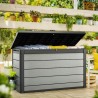 Cufar de depozitare de terasa, pentru unelte, cu capac, material plastic, culoare Brownish Grey, Keter, Denali DuoTech, dimensiune 151,7x72,5x90 cm, rezistenta UV, capacitate 757 L
