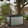 Cufar de depozitare de terasa, pentru unelte, cu capac, material plastic, culoare Brownish Grey, Keter, Denali DuoTech, dimensiune 151,7x72,5x90 cm, rezistenta UV, capacitate 757 L