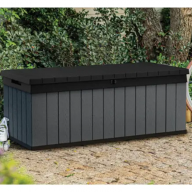 Cufar pentru depozitare de exterior, pentru accesorii gradina si terasa, cu capac, material polipropilena, culoare gri, Keter Darwin, rezistenta UV, 380 L
