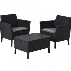 Set mobilier de terasa sau balcon, imitatie ratan, grafit, Keter Salemo, cu masa si 2 fotolii, perne incluse, rezistent UV si intemperii, usor de asamblat si depozitat