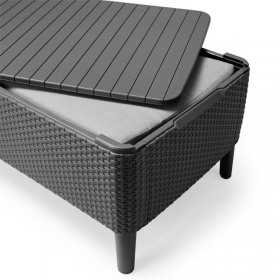 Set mobilier de terasa sau balcon, imitatie ratan, grafit, Keter Salemo, cu masa si 2 fotolii, perne incluse, rezistent UV si intemperii, usor de asamblat si depozitat
