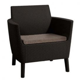 Set mobilier de terasa, maro, imitatie ratan, Keter Salemo, pentru exterior, cu masuta, 2 fotolii, perne impermeabile, material polipropilena, rezistent UV