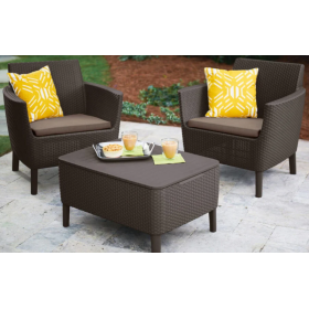 Set mobilier de terasa, maro, imitatie ratan, Keter Salemo, pentru exterior, cu masuta, 2 fotolii, perne impermeabile, material polipropilena, rezistent UV