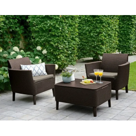 Set mobilier de terasa, maro, imitatie ratan, Keter Salemo, pentru exterior, cu masuta, 2 fotolii, perne impermeabile, material polipropilena, rezistent UV
