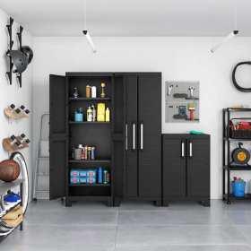 Dulap depozitare garaj, material polipropilena, negru, scule, 4 rafturi reglabile, Keter, Detroit Alto, 65x45x182 cm, sistem inchidere cu lacat