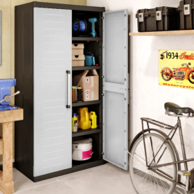 Dulap garaj plastic Keter, negru/gri, 4 rafturi, Detroit Multi Purpose, 89x54x182 cm, inchidere lacat (neinclus)
