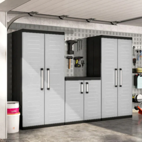 Dulap garaj plastic Keter, negru/gri, 4 rafturi, Detroit Multi Purpose, 89x54x182 cm, inchidere lacat (neinclus)