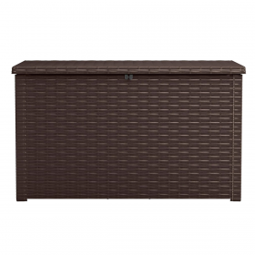 Cufar depozitare gradina, pentru exterior, pentru unelte si accesorii, cu capac, material polipropilena, maro, Keter Java, 147x82x86 cm, 850 L