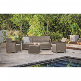 Set mobilier de exterior, imitatie ratan, cappuccino, Keter Elodie, pentru terasa, cu masuta depozitare, 1 canapea, 2 fotolii, 5 locuri, material polipropilena rezistent UV