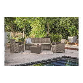 Set mobilier de exterior, imitatie ratan, cappuccino, Keter Elodie, pentru terasa, cu masuta depozitare, 1 canapea, 2 fotolii, 5 locuri, material polipropilena rezistent UV