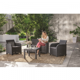Set mobilier de gradina, pentru terasa, material polipropilena, imitatie ratan, Keter, colectie Rosalie, masuta inclusa, 1 canapea, 2 fotolii, culoare graphite, rezistent UV si intemperii