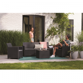 Set mobilier de gradina, polipropilena, Keter Claire, pentru terasa, masa cu spatiu depozitare, 2 fotolii, canapea 3 locuri, culoare grafit, rezistent UV