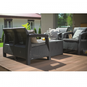 Set mobilier gradina, material polipropilena cu aspect de ratan, Keter, colectie Corfu Box, pentru relaxare si petreceri, cu masuta depozitare, doua fotolii, canapea doua locuri, culoare grafit