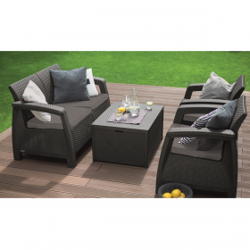 Set mobilier gradina, material polipropilena cu aspect de ratan, Keter, colectie Corfu Box, pentru relaxare si petreceri, cu masuta depozitare, doua fotolii, canapea doua locuri, culoare grafit