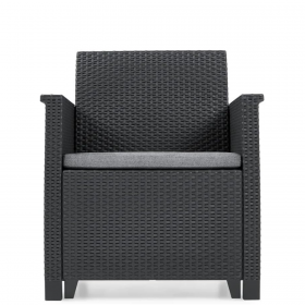 Set mobilier exterior, polipropilena, Keter Elodie, pentru gradina, terasa sau balcon, cu masuta depozitare, 2 fotolii, culoare grafit, rezistent UV