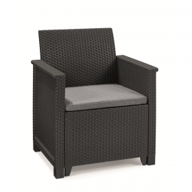 Set mobilier exterior, polipropilena, Keter Elodie, pentru gradina, terasa sau balcon, cu masuta depozitare, 2 fotolii, culoare grafit, rezistent UV