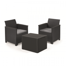 Set mobilier exterior, polipropilena, Keter Elodie, pentru gradina, terasa sau balcon, cu masuta depozitare, 2 fotolii, culoare grafit, rezistent UV