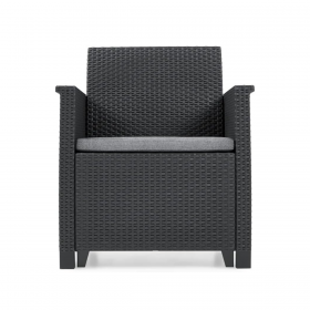 Set mobilier terasa, material polipropilena, Keter Elodie, pentru gradina, masuta cu spatiu depozitare, 1 canapea, 2 fotolii, 4 locuri, culoare grafit