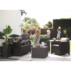 Set mobilier terasa, material polipropilena, Keter Elodie, pentru gradina, masuta cu spatiu depozitare, 1 canapea, 2 fotolii, 4 locuri, culoare grafit