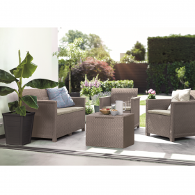 Set mobilier de terasa, imitatie ratan, Keter Elodie, pentru gradina sau foisor, cu masuta depozitare, 1 canapea, 2 fotolii, 4 locuri, culoare cappuccino, rezistent UV