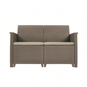 Set mobilier de terasa, imitatie ratan, Keter Elodie, pentru gradina sau foisor, cu masuta depozitare, 1 canapea, 2 fotolii, 4 locuri, culoare cappuccino, rezistent UV