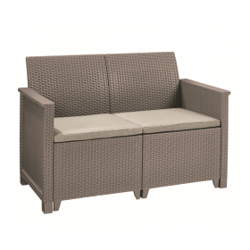 Set mobilier de terasa, imitatie ratan, Keter Elodie, pentru gradina sau foisor, cu masuta depozitare, 1 canapea, 2 fotolii, 4 locuri, culoare cappuccino, rezistent UV