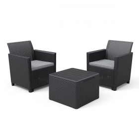 Set mobilier gradina, material polipropilena, Keter Claire, pentru balcon si terasa, cu masuta depozitare, 2 fotolii, culoare grafit, rezistent UV si intemperii, usor de asamblat
