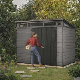 Casuta de gradina, Keter, Gri, 9x7, colectie Cortina, cu usa dubla, cu podea, cu ventilatie