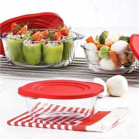 Vas rotund din sticla termorezistenta cu capac plastic rosu Pasabahce Borcam 1450 ml