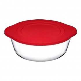 Vas rotund din sticla termorezistenta cu capac plastic rosu Pasabahce Borcam 1450 ml