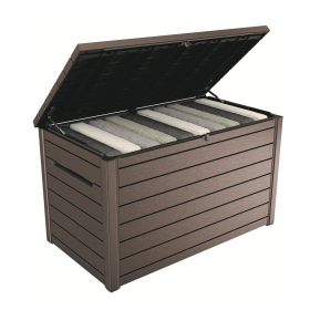 Cutie de exterior pentru gradina, terasa, pentru unelte si perne, cu capac, material polipropilena, culoare maro, Keter Ontario, 850 L, manere, rezistenta la UV si umezeala