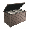 Cutie de exterior pentru gradina, terasa, pentru unelte si perne, cu capac, material polipropilena, culoare maro, Keter Ontario, 850 L, manere, rezistenta la UV si umezeala