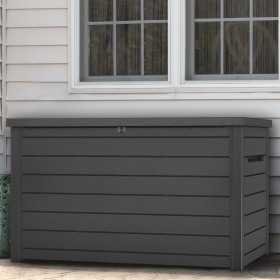 Lada depozitare perne gradina, terasa, pentru jucarii si unelte, cu capac, material polipropilena, culoare antracit, Keter Ontario, 850 L, manere, 147x83x86 cm