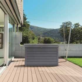Lada depozitare perne gradina, terasa, pentru jucarii si unelte, cu capac, material polipropilena, culoare antracit, Keter Ontario, 850 L, manere, 147x83x86 cm