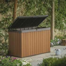 Cufar depozitare exterior, de gradina, pentru perne si unelte, cu capac, material polipropilena, maro, Keter Darwin, rezistenta UV, 662 L