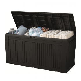Cutie de depozitare pentru exterior, pentru accesorii gradina si terasa, cu capac, material polipropilena, culoare graphite, Keter Comfy, 270 L, manere, rezistenta UV